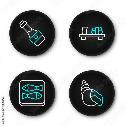 Set line Scallop sea shell, Canned fish, Sushi on cutting board and Soy sauce bottle icon. Vector