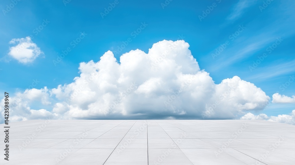 Vast expanse of white concrete floor, pristine sky, fluffy clouds Vast expanse of white concrete floor, pristine sky, fluffy clouds