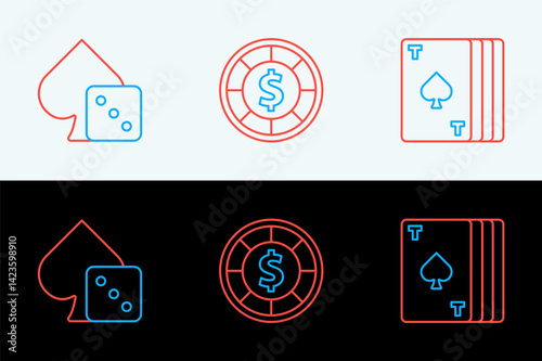 Set line Deck of playing cards, Game dice and Casino chips icon. Vector