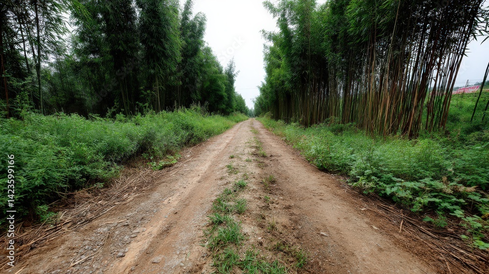 Fototapeta premium Peaceful Dirt Path Between Lush Green Bamboo Forest and Overgrown Grass Under Cloudy Sky