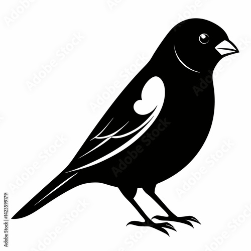 vector silhouette of a finch bird in side view, small and round body, white background 