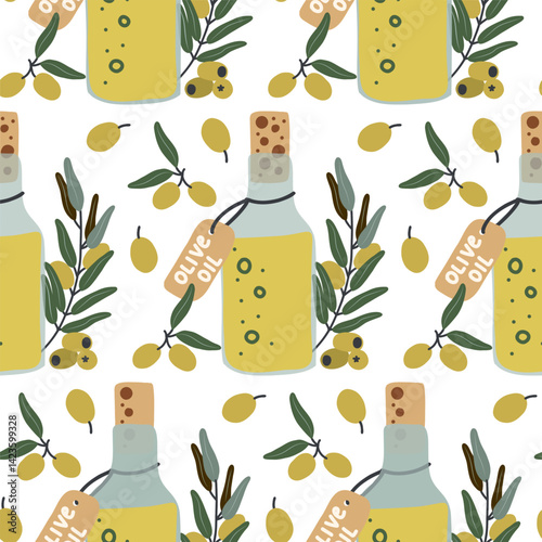 Seamless pattern with olive oil bottles, corks, and olive branches, hand-drawn cartoon style design ideal for organic product packaging, healthy food branding, kitchen decor, and textile prints