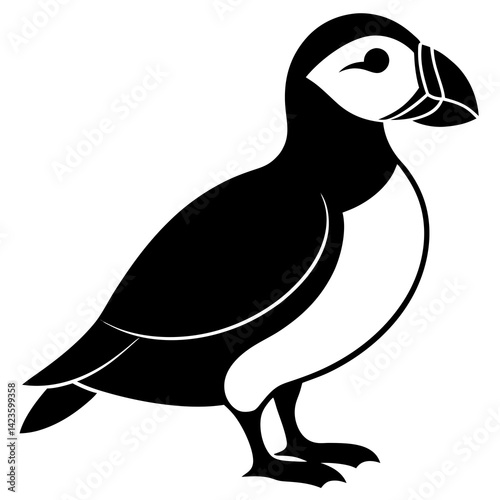 vector silhouette of a puffin standing with large beak, short wings, clean vector art, white background