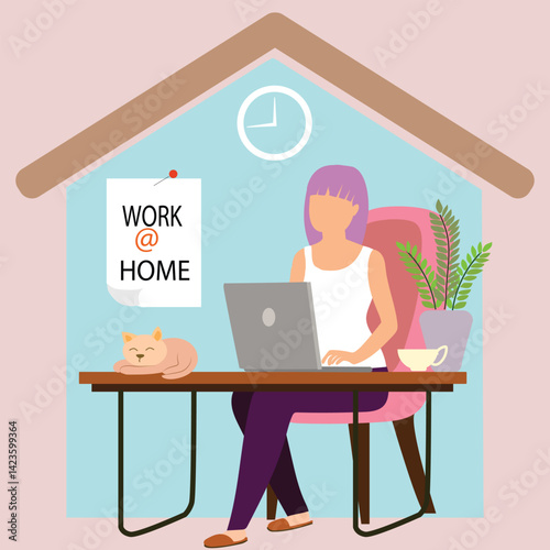 Work at home concept . Freelance woman working on laptop at her house, dressed in home clothes. Vector illustration iOnline study, education.
