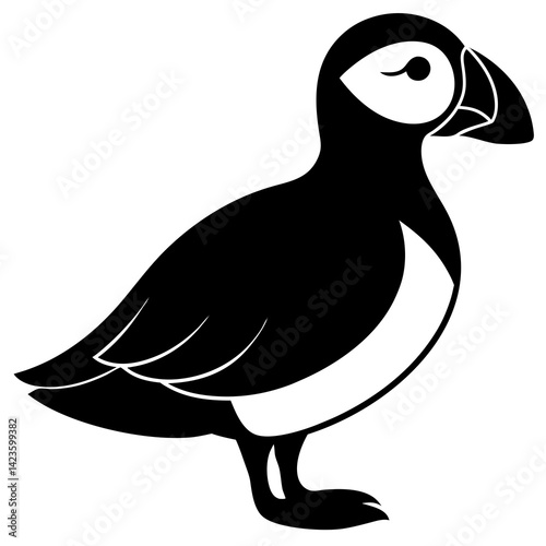 vector silhouette of a puffin standing with large beak, short wings, clean vector art, white background