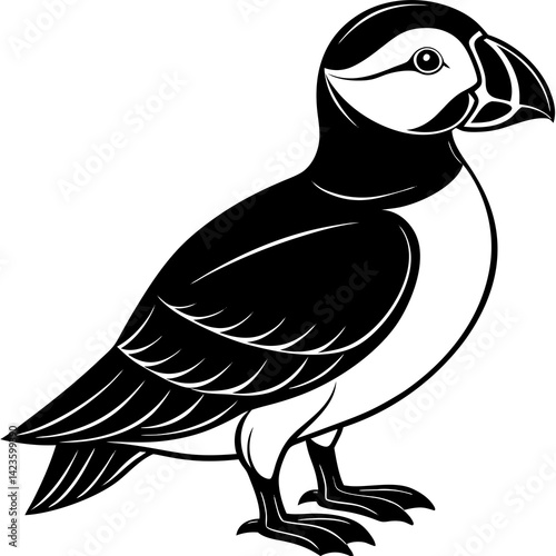 vector silhouette of a puffin standing with large beak, short wings, clean vector art, white background