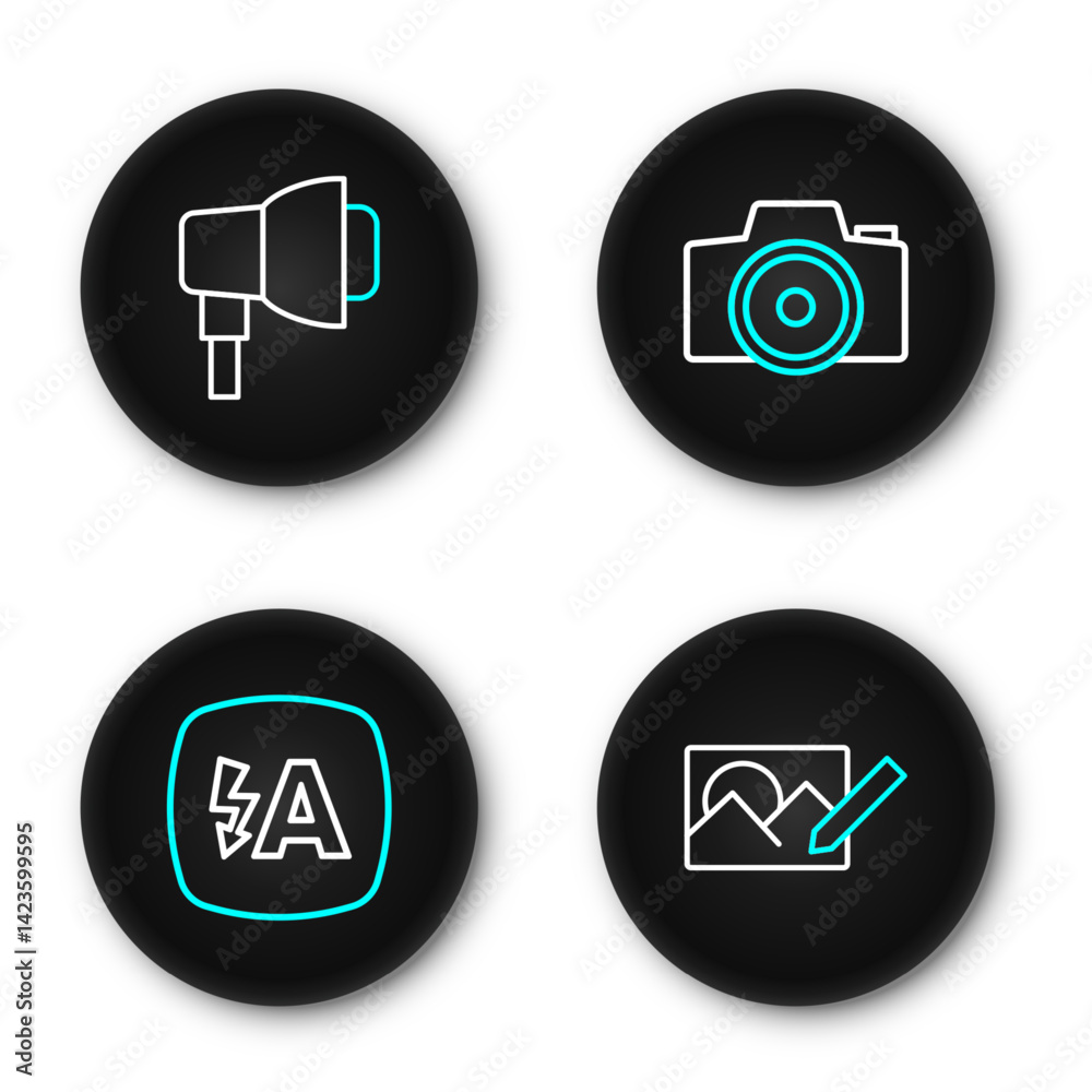 Set line Photo retouching, Auto flash, camera and Softbox light icon. Vector Set line Photo retouching, Auto flash, camera and Softbox light icon. Vector