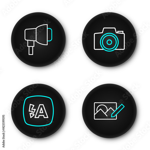 Set line Photo retouching, Auto flash, camera and Softbox light icon. Vector