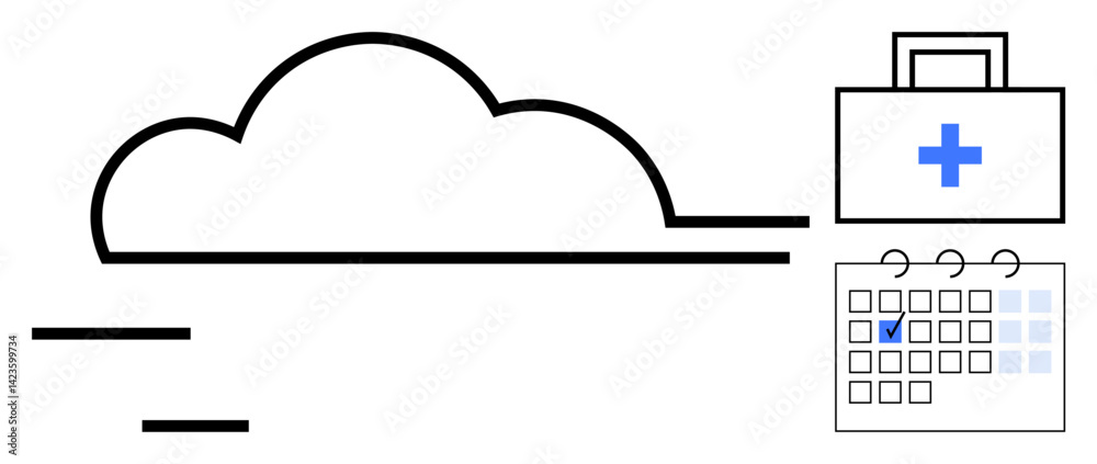 Abstract cloud with first-aid kit and calendar featuring marked date. Ideal for healthcare, scheduling, cloud storage, medical planning, appointments, digital health, data management. Flat simple Abstract cloud with first-aid kit and calendar featuring marked date. Ideal for healthcare, scheduling, cloud storage, medical planning, appointments, digital health, data management. Flat simple