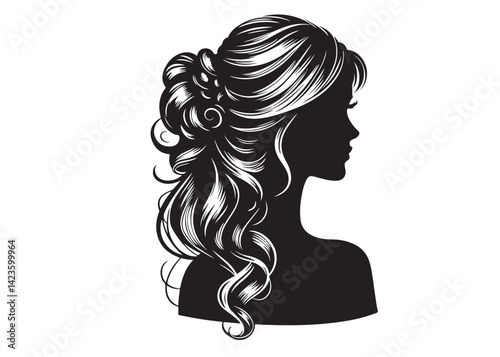 woman hairstyle logo silhouette vector illustration, hair salon logo icon vector silhouette, beauty long hair woman logo silhouette, beauty woman long hair silhouette on white background