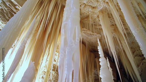 Stunning view of ice stalactites hanging from cave ceiling
