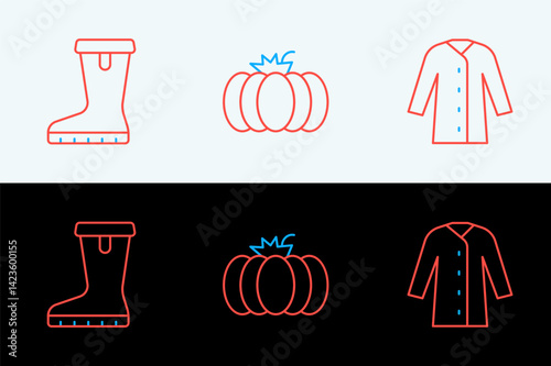 Set line Raincoat, Waterproof rubber boot and Pumpkin icon. Vector