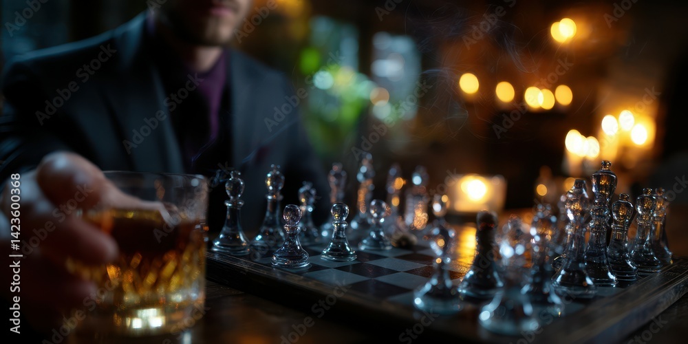 Man enjoying whiskey while playing chess in a cozy dimly lit room during the evening Man enjoying whiskey while playing chess in a cozy dimly lit room during the evening