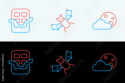 Set line Moon and stars, Chocolate bar and Flying bat icon. Vector