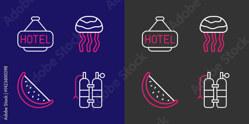 Set line Aqualung, Watermelon, Jellyfish and Signboard with text Hotel icon. Vector