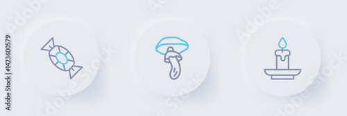 Set line Burning candle, Psilocybin mushroom and Candy icon. Vector