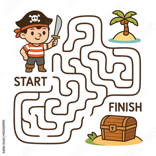 Pirate boy looking for treasure in labyrinth. Kid puzzle game with maze for preschool child entertainment and educational activity. For children 3-5 years old. Vector illustration