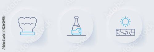 Set line Drought, Bottle of wine and Chef hat icon. Vector