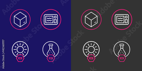 Set line Test tube and flask, No direct sunlight, Microwave oven and Carton cardboard box icon. Vector