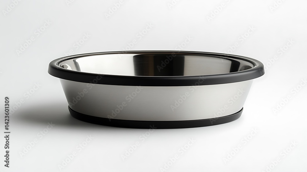 Stainless steel dog food bowl with black trim, isolated on a white background Stainless steel dog food bowl with black trim, isolated on a white background