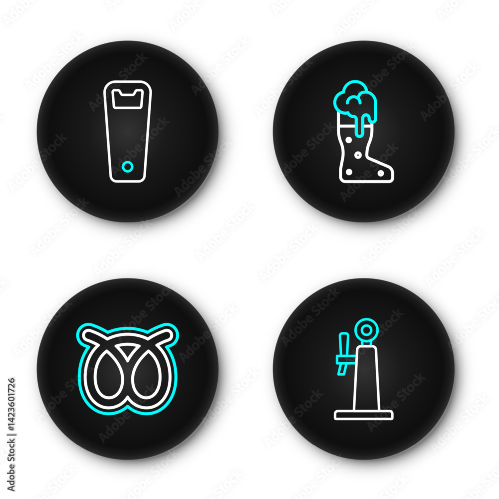 Set line Beer tap, Pretzel, Boot beer glass and Bottle opener icon. Vector Set line Beer tap, Pretzel, Boot beer glass and Bottle opener icon. Vector