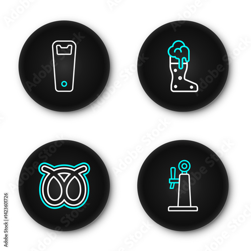 Set line Beer tap, Pretzel, Boot beer glass and Bottle opener icon. Vector