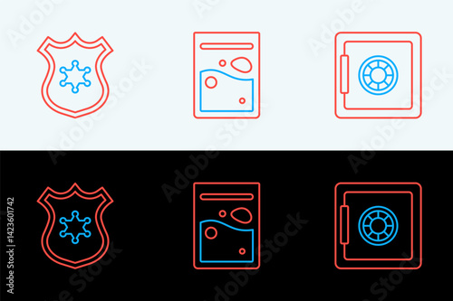 Set line Safe, Police badge and Plastic bag of drug icon. Vector