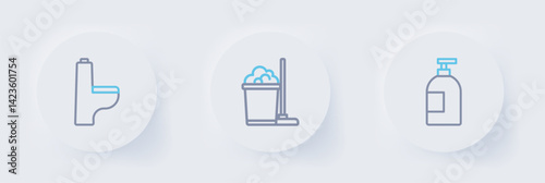 Set line Dishwashing liquid bottle, Mop and bucket and Toilet bowl icon. Vector