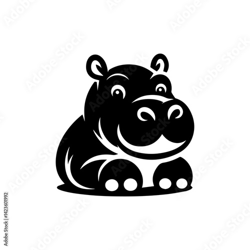 Minimal black vector logo of hippo in silhouette style, symbolizing strength and nature