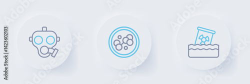 Set line Radioactive waste in barrel, Molecule and Gas mask icon. Vector