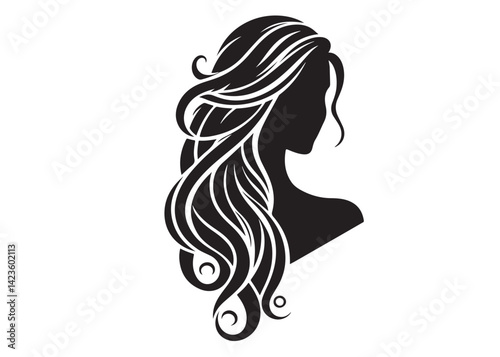 woman hairstyle logo silhouette vector illustration, hair salon logo icon vector silhouette, beauty long hair woman logo silhouette, beauty woman long hair silhouette on white background