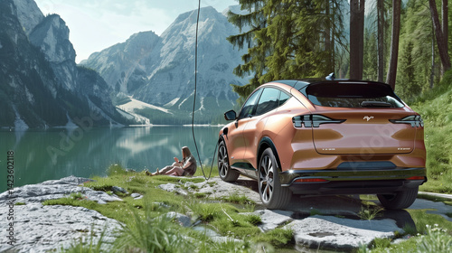 Electric car parked beside scenic lake with person relaxing in nature
