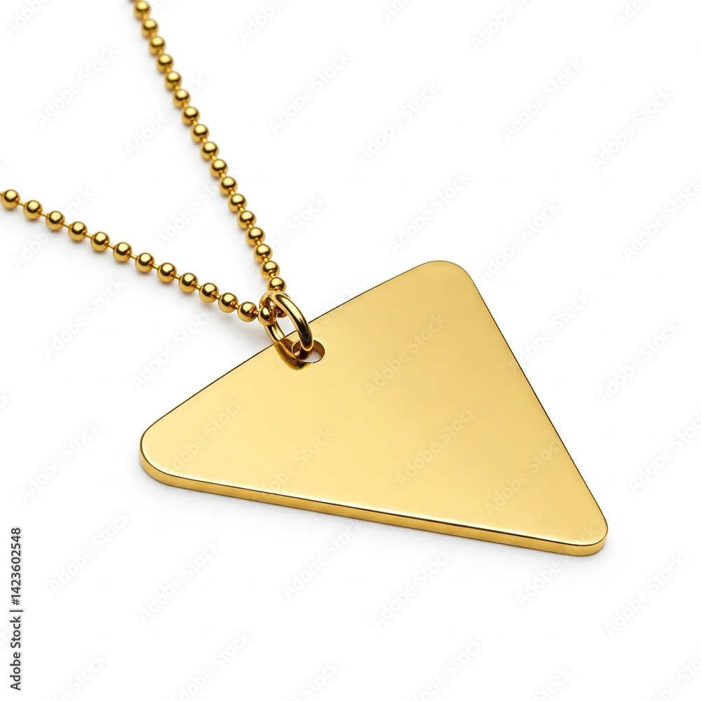 Fototapeta premium Close-up of a glossy triangular gold tag with ball chain on pure white background, no engraving, premium texture, isolated and well-lit.