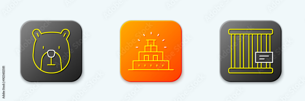 Naklejka premium Set line Bear head, Chichen Itza in Mayan and Animal cage icon. Vector