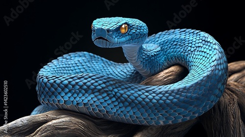 Blue Pit Viper Coiled on Branch with Striking Yellow Eyes Close-up