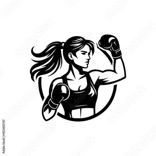 Black vector silhouette logo of boxing girl in fighting stance showing strength and confidence