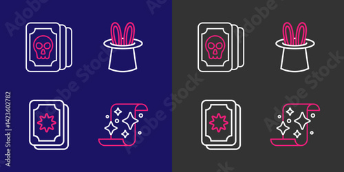 Set line Magic scroll, Tarot cards, Magician hat and rabbit ears and icon. Vector