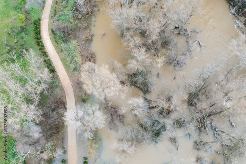 Aerial view of the flooded river Henares in Guadalajara, Spain