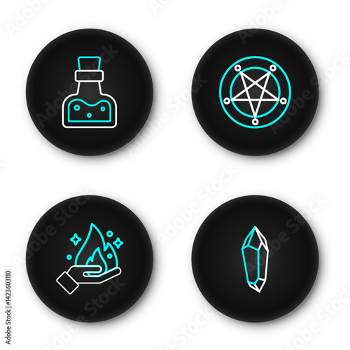 Set line Magic stone, Hand holding fire, Pentagram circle and Bottle with potion icon. Vector