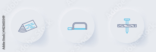 Set line Metallic nail, Hacksaw and Wooden beam icon. Vector