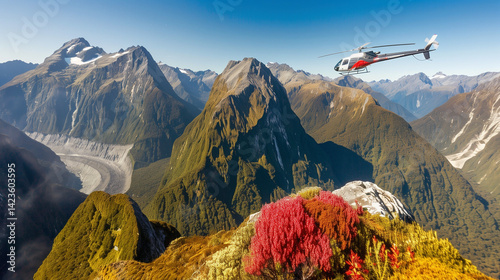 Helicopter flying over colorful mountain landscape with vibrant flora and glaciers
