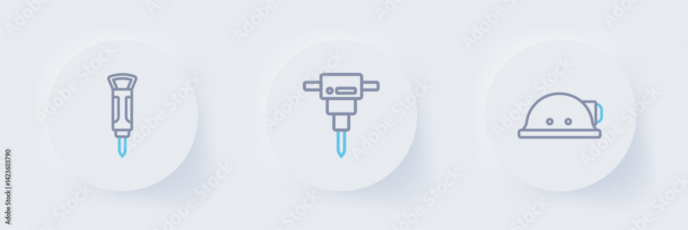 Set line Miner helmet, Construction jackhammer and icon. Vector Set line Miner helmet, Construction jackhammer and icon. Vector