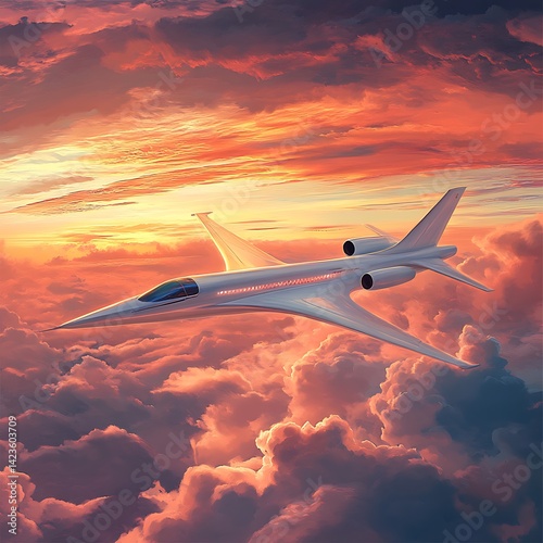 Supersonic Jet Flying Above Clouds at Sunset for Travel and Technology