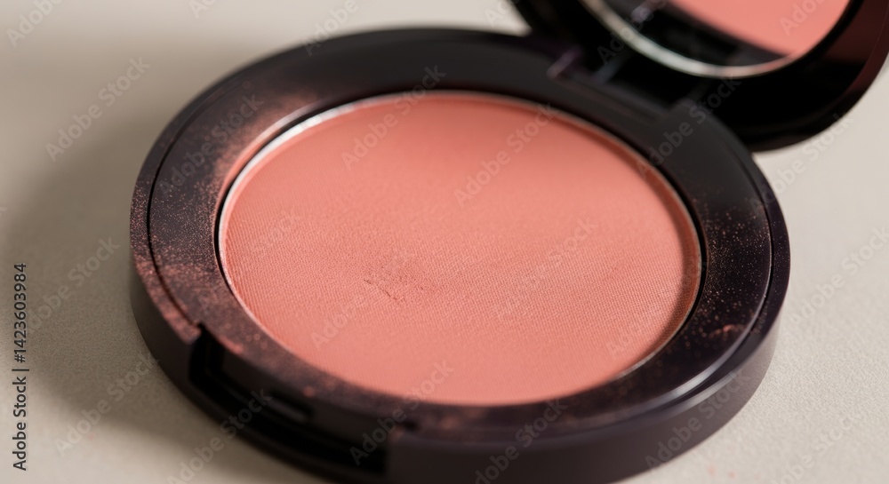 Close-up of peach-toned face powder in compact makeup case Close-up of peach-toned face powder in compact makeup case