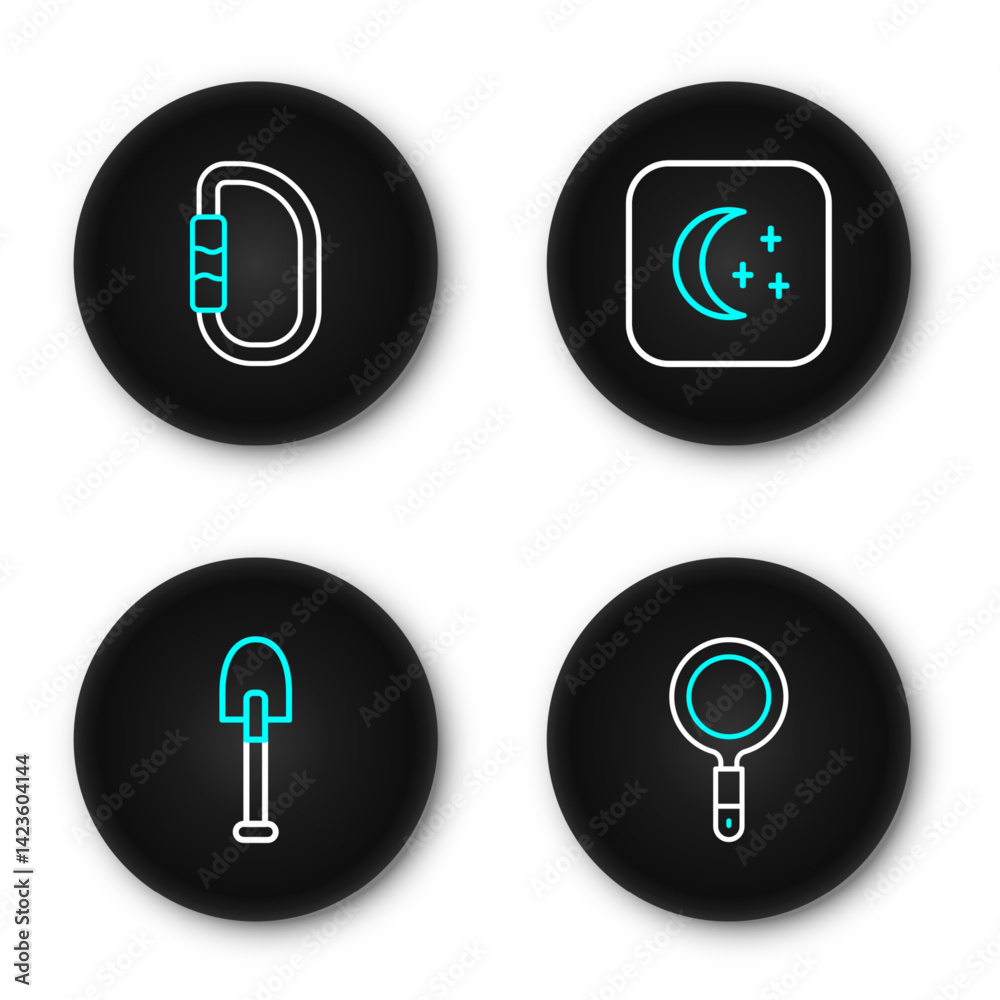 Set line Magnifying glass, Shovel, Moon and stars and Carabiner icon. Vector Set line Magnifying glass, Shovel, Moon and stars and Carabiner icon. Vector