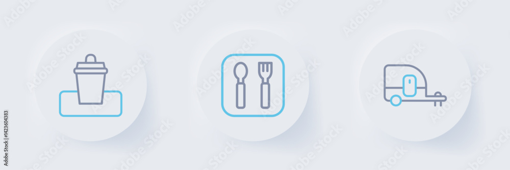 Set line Rv Camping trailer, Fork and spoon and Trash can icon. Vector Set line Rv Camping trailer, Fork and spoon and Trash can icon. Vector