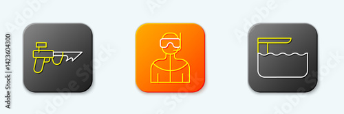 Set line Fishing harpoon, Wetsuit for scuba diving and Diving board springboard icon. Vector