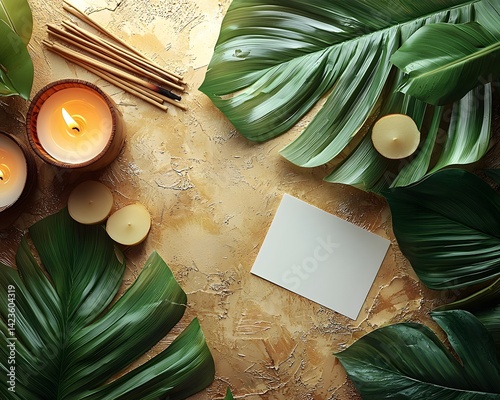 Minimalist blank card next to traditional krathong with candle and incense on golden background