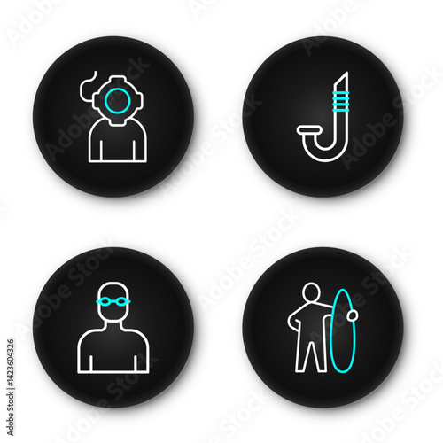 Set line Surfboard, Swimmer, Snorkel and Aqualung icon. Vector