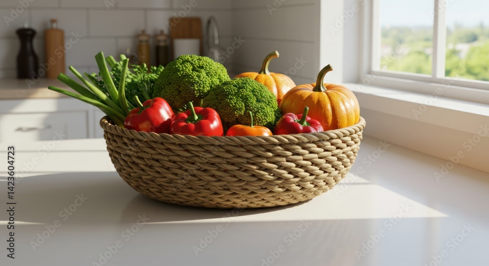 Woven basket filled with fresh vegetables on a bright kitchen countertop. Woven basket filled with fresh vegetables on a bright kitchen countertop.
